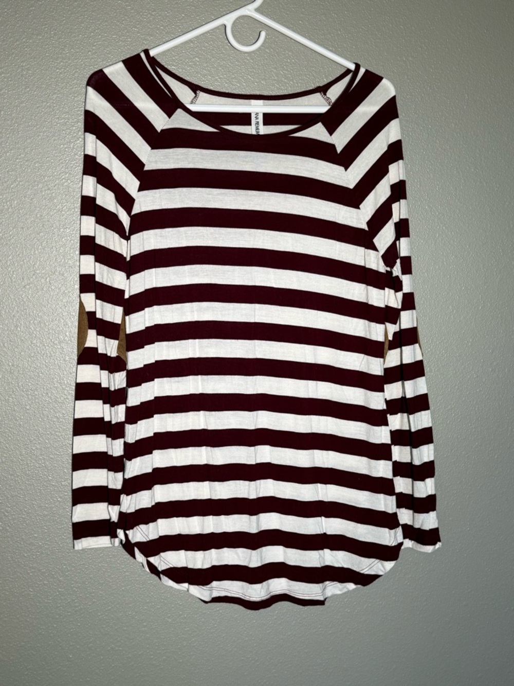 Striped Long-Sleeve Scoop Neck Top - Burgundy & White